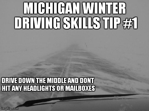 blizzard driving skills | MICHIGAN WINTER DRIVING SKILLS TIP #1 DRIVE DOWN THE MIDDLE AND DONT HIT ANY HEADLIGHTS OR MAILBOXES | image tagged in funny | made w/ Imgflip meme maker