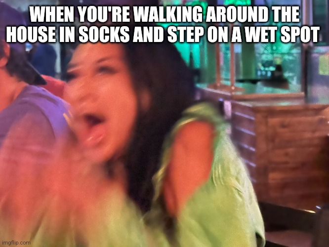 Gross feeling | WHEN YOU'RE WALKING AROUND THE HOUSE IN SOCKS AND STEP ON A WET SPOT | image tagged in gross,wet,screaming,feeling,socks,cringe | made w/ Imgflip meme maker