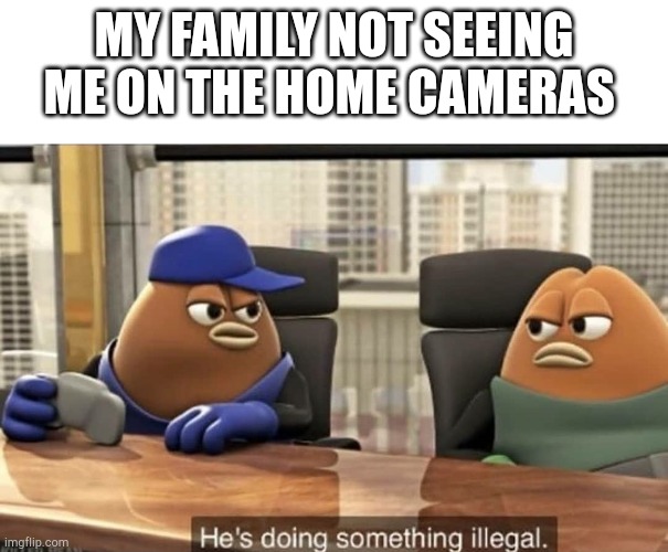 He's doing something illegal |  MY FAMILY NOT SEEING ME ON THE HOME CAMERAS | image tagged in he's doing something illegal | made w/ Imgflip meme maker