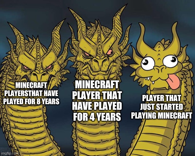 minecraft playes | MINECRAFT PLAYER THAT HAVE PLAYED FOR 4 YEARS; MINECRAFT PLAYERSTHAT HAVE PLAYED FOR 8 YEARS; PLAYER THAT JUST STARTED PLAYING MINECRAFT | image tagged in three dragons | made w/ Imgflip meme maker