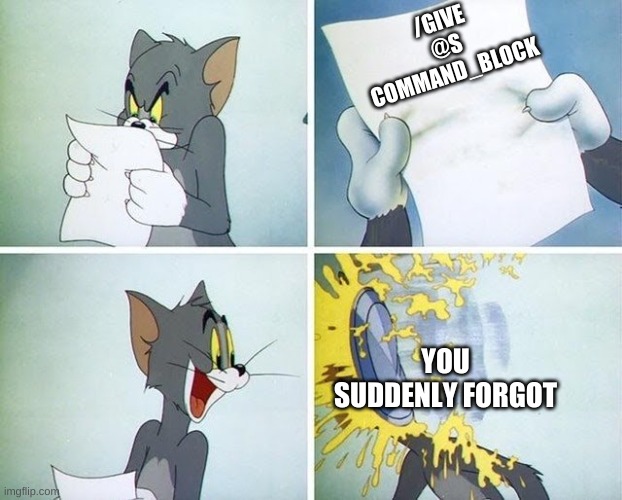 command block |  /GIVE @S COMMAND_BLOCK; YOU SUDDENLY FORGOT | image tagged in tom and jerry custard pie | made w/ Imgflip meme maker
