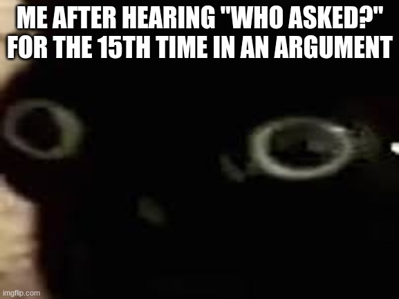 ME AFTER HEARING "WHO ASKED?" FOR THE 15TH TIME IN AN ARGUMENT | image tagged in jinx,funny memes | made w/ Imgflip meme maker