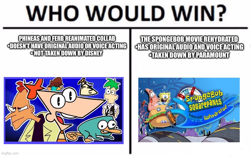 So unfair |  PHINEAS AND FERB REANIMATED COLLAB
•DOESN’T HAVE ORIGINAL AUDIO OR VOICE ACTING
• NOT TAKEN DOWN BY DISNEY; THE SPONGEBOB MOVIE REHYDRATED
•HAS ORIGINAL AUDIO AND VOICE ACTING
•TAKEN DOWN BY PARAMOUNT | image tagged in memes,who would win,phineas and ferb,spongebob | made w/ Imgflip meme maker