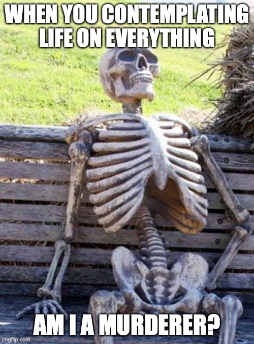 Waiting Skeleton |  WHEN YOU CONTEMPLATING LIFE ON EVERYTHING; AM I A MURDERER? | image tagged in memes,waiting skeleton | made w/ Imgflip meme maker
