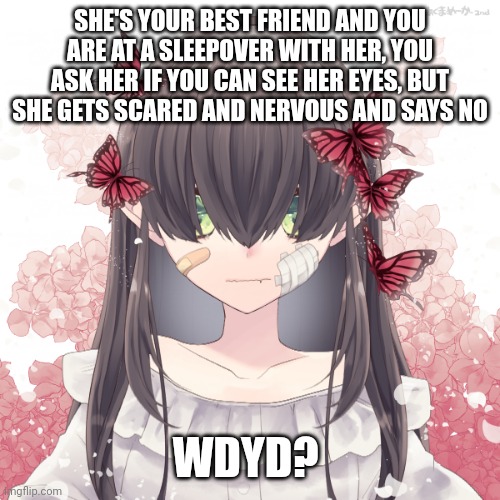 Hello beautiful people! :> rules in tags | SHE'S YOUR BEST FRIEND AND YOU ARE AT A SLEEPOVER WITH HER, YOU ASK HER IF YOU CAN SEE HER EYES, BUT SHE GETS SCARED AND NERVOUS AND SAYS NO; WDYD? | image tagged in no joke oc,no bambi oc,romance allowed,girl preferred,erp in memechat | made w/ Imgflip meme maker