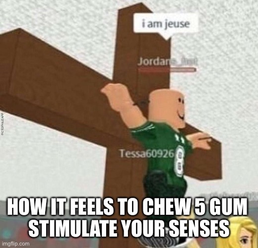Jesus Roblox | HOW IT FEELS TO CHEW 5 GUM 
STIMULATE YOUR SENSES | image tagged in funny | made w/ Imgflip meme maker