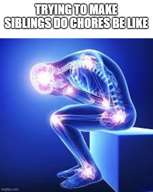 smh siblings | TRYING TO MAKE SIBLINGS DO CHORES BE LIKE | image tagged in pain,ouch | made w/ Imgflip meme maker