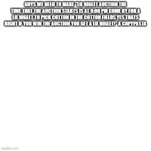 please :D | GUYS WE NEED TO MAKE "LIL NIGLET AUCTION THE TIME THAT THE AUCTION STARTS IS AT 9:00 PM COME BY FOR A LIL NIGLET TO PICK COTTON IN THE COTTON FIELDS YES THATS RIGHT IF YOU WIN THE AUCTION YOU GET A LIL NIGLET!" A COPYPASTA | image tagged in memes,blank transparent square | made w/ Imgflip meme maker