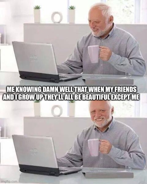 Oof | ME KNOWING DAMN WELL THAT WHEN MY FRIENDS AND I GROW UP THEY’LL ALL BE BEAUTIFUL EXCEPT ME | image tagged in memes,hide the pain harold | made w/ Imgflip meme maker