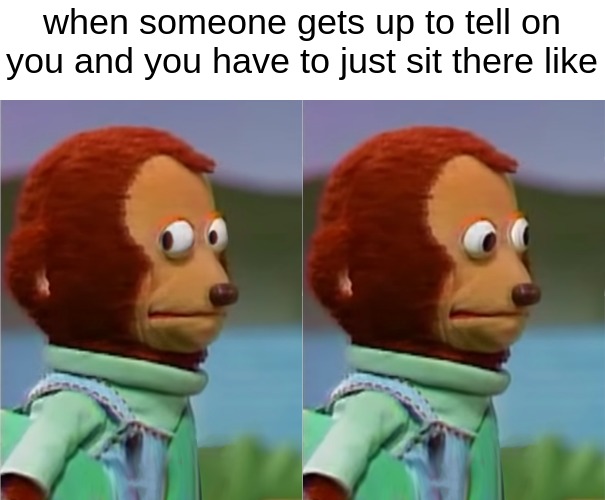 puppet Monkey looking away | when someone gets up to tell on you and you have to just sit there like | image tagged in puppet monkey looking away | made w/ Imgflip meme maker