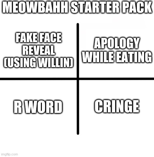 meowbahh starter pack |  MEOWBAHH STARTER PACK; APOLOGY WHILE EATING; FAKE FACE REVEAL (USING WILLIN); R WORD; CRINGE | image tagged in memes,blank starter pack | made w/ Imgflip meme maker