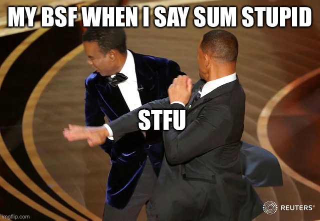 Will Smith punching Chris Rock | MY BSF WHEN I SAY SUM STUPID; STFU | image tagged in will smith punching chris rock | made w/ Imgflip meme maker