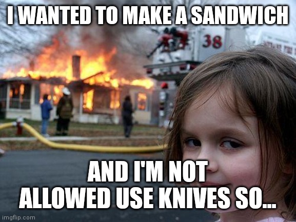 Disaster Girl | I WANTED TO MAKE A SANDWICH; AND I'M NOT ALLOWED USE KNIVES SO... | image tagged in memes,disaster girl | made w/ Imgflip meme maker