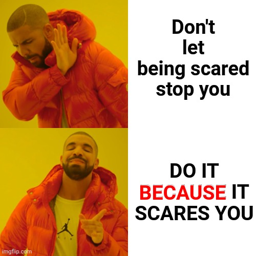 ALWAYS Safety First ALWAYS |  Don't let being scared stop you; DO IT
BECAUSE IT
SCARES YOU; BECAUSE | image tagged in memes,drake hotline bling,always,safety first,fear,try anyway | made w/ Imgflip meme maker