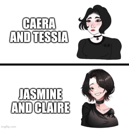 My friends, after extensive research I coaxed (forced) them into, have decided that Claire Bladeheart and Jasmine Flamesworth ar | CAERA AND TESSIA; JASMINE AND CLAIRE | image tagged in doomer girl vs anime doomer girl | made w/ Imgflip meme maker