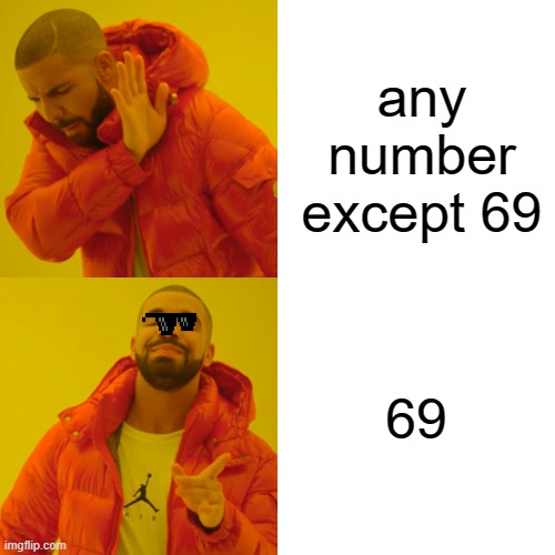 Drake Hotline Bling | any number except 69; 69 | image tagged in memes,drake hotline bling | made w/ Imgflip meme maker