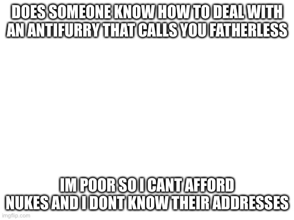 Answers in comments | DOES SOMEONE KNOW HOW TO DEAL WITH AN ANTIFURRY THAT CALLS YOU FATHERLESS; IM POOR SO I CANT AFFORD NUKES AND I DONT KNOW THEIR ADDRESSES | image tagged in blank white template | made w/ Imgflip meme maker