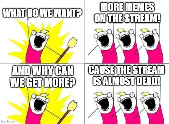 What Do We Want |  WHAT DO WE WANT? MORE MEMES ON THE STREAM! CAUSE THE STREAM IS ALMOST DEAD! AND WHY CAN WE GET MORE? | image tagged in memes,what do we want | made w/ Imgflip meme maker