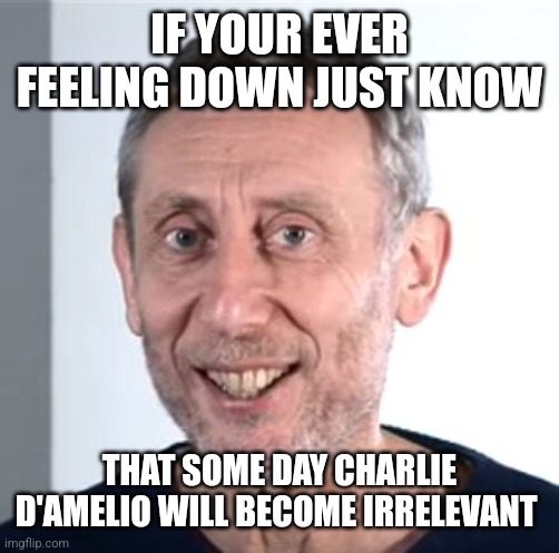 nice Michael Rosen | IF YOUR EVER FEELING DOWN JUST KNOW; THAT SOME DAY CHARLIE D'AMELIO WILL BECOME IRRELEVANT | image tagged in nice michael rosen | made w/ Imgflip meme maker