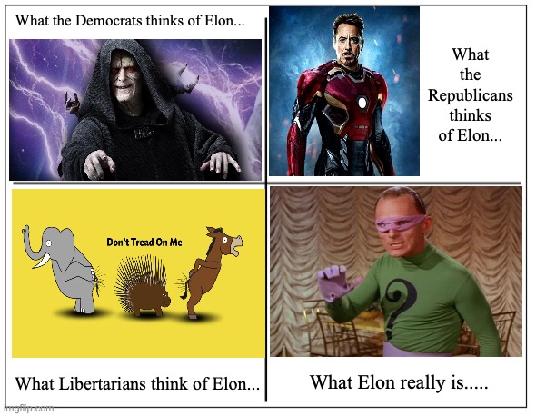 Who is Elon | What the Democrats thinks of Elon... What the Republicans thinks of Elon... What Libertarians think of Elon... What Elon really is..... | image tagged in 4 square grid | made w/ Imgflip meme maker