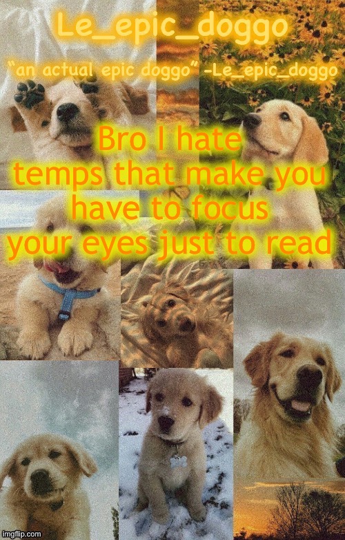 Doggo temp by doggo. Wait what that’s confusing | Bro I hate temps that make you have to focus your eyes just to read | image tagged in doggo temp by doggo wait what that s confusing | made w/ Imgflip meme maker