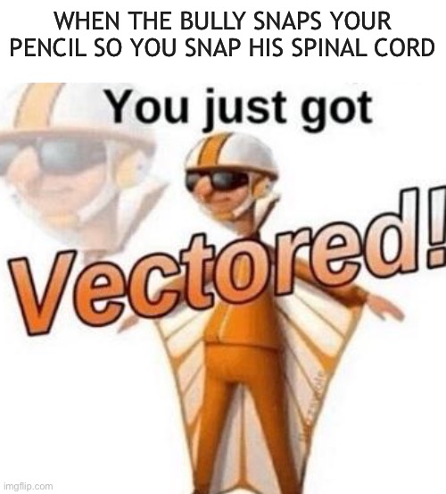 You just got vectored | WHEN THE BULLY SNAPS YOUR PENCIL SO YOU SNAP HIS SPINAL CORD | image tagged in you just got vectored | made w/ Imgflip meme maker