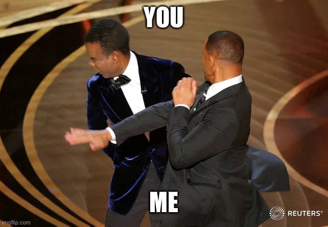 Will Smith punching Chris Rock | YOU ME | image tagged in will smith punching chris rock | made w/ Imgflip meme maker