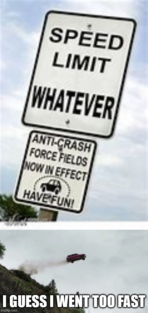 I GUESS I WENT TOO FAST | image tagged in car driving off cliff | made w/ Imgflip meme maker