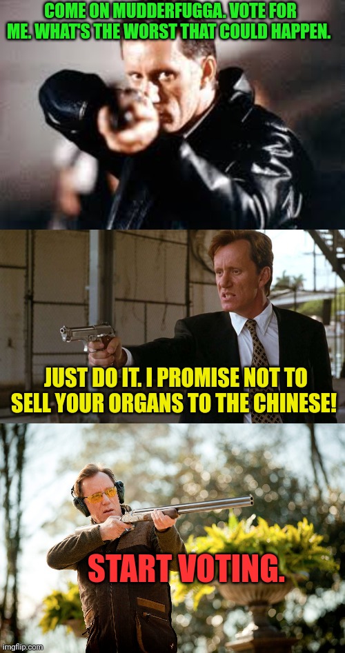 Vote James Woods party or else | COME ON MUDDERFUGGA. VOTE FOR ME. WHAT'S THE WORST THAT COULD HAPPEN. JUST DO IT. I PROMISE NOT TO SELL YOUR ORGANS TO THE CHINESE! START VOTING. | image tagged in political,propaganda,james woods,vote | made w/ Imgflip meme maker