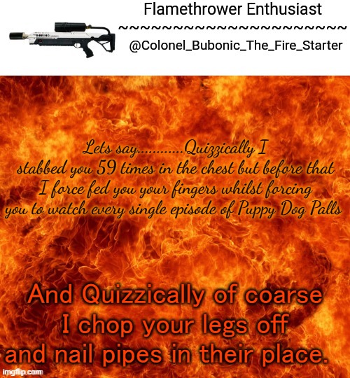 Flamethrower Enthusiast | Lets say............Quizzically I stabbed you 59 times in the chest but before that I force fed you your fingers whilst forcing you to watch every single episode of Puppy Dog Palls; And Quizzically of coarse I chop your legs off and nail pipes in their place. | image tagged in flamethrower enthusiast | made w/ Imgflip meme maker