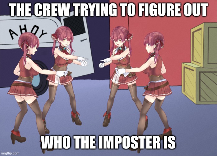 Amogus | THE CREW TRYING TO FIGURE OUT; WHO THE IMPOSTER IS | image tagged in marine pointing at marine | made w/ Imgflip meme maker