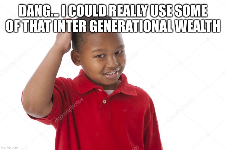 kid scratching head | DANG… I COULD REALLY USE SOME OF THAT INTER GENERATIONAL WEALTH | image tagged in kid scratching head | made w/ Imgflip meme maker