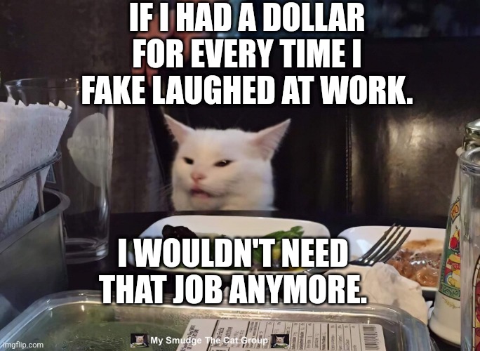  IF I HAD A DOLLAR FOR EVERY TIME I FAKE LAUGHED AT WORK. I WOULDN'T NEED THAT JOB ANYMORE. | image tagged in smudge the cat | made w/ Imgflip meme maker