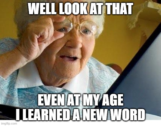 old lady at computer | WELL LOOK AT THAT EVEN AT MY AGE I LEARNED A NEW WORD | image tagged in old lady at computer | made w/ Imgflip meme maker