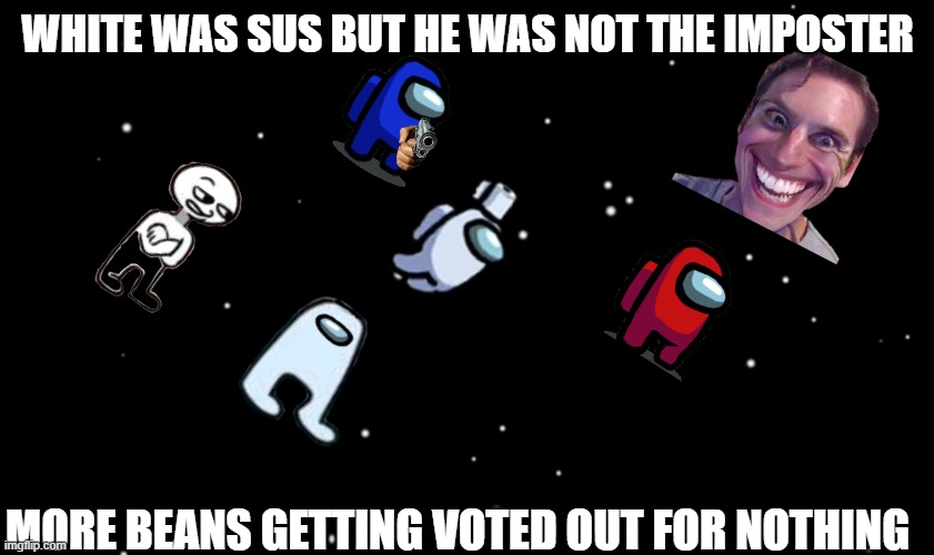 voted OUT | WHITE WAS SUS BUT HE WAS NOT THE IMPOSTER; MORE BEANS GETTING VOTED OUT FOR NOTHING | image tagged in among us ejected | made w/ Imgflip meme maker