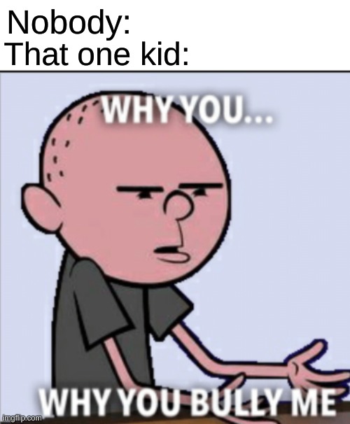 why you bully me |  Nobody:; That one kid: | image tagged in why you bully me | made w/ Imgflip meme maker