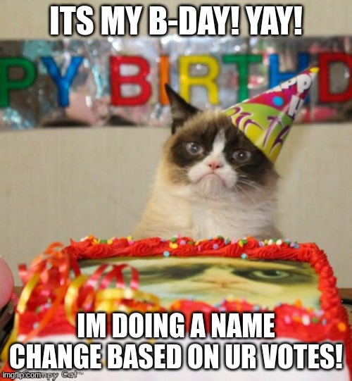 Thank Yall So Much For Being Here! | ITS MY B-DAY! YAY! IM DOING A NAME CHANGE BASED ON UR VOTES! | image tagged in memes,grumpy cat birthday,grumpy cat | made w/ Imgflip meme maker