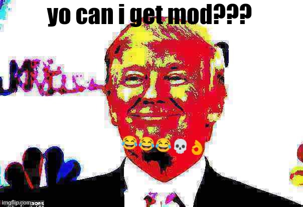 Donald Trump approves deep-fried 2 | 😂😂😂💀👌; yo can i get mod??? | image tagged in donald trump approves deep-fried 2 | made w/ Imgflip meme maker
