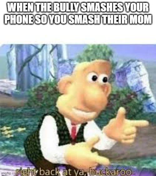 lol | WHEN THE BULLY SMASHES YOUR PHONE SO YOU SMASH THEIR MOM | image tagged in right back at ya buckaroo | made w/ Imgflip meme maker