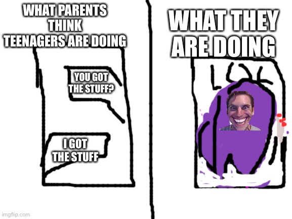 Blank White Template | WHAT PARENTS THINK TEENAGERS ARE DOING; WHAT THEY ARE DOING; YOU GOT THE STUFF? I GOT THE STUFF | image tagged in blank white template | made w/ Imgflip meme maker