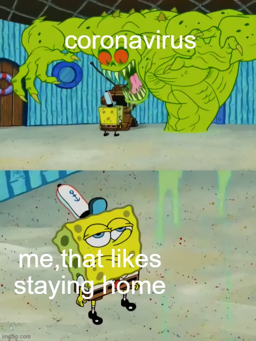 Ghost not scaring Spongebob | coronavirus; me,that likes staying home | image tagged in ghost not scaring spongebob | made w/ Imgflip meme maker