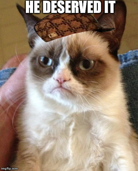 Grumpy Cat Meme | HE DESERVED IT | image tagged in memes,grumpy cat,scumbag | made w/ Imgflip meme maker