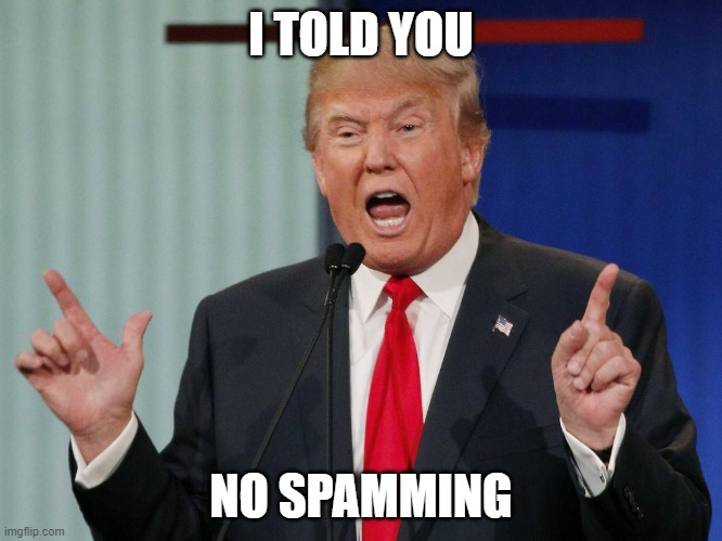 Donald Trump | I TOLD YOU NO SPAMMING | image tagged in donald trump | made w/ Imgflip meme maker