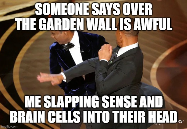 never do this to me | SOMEONE SAYS OVER THE GARDEN WALL IS AWFUL; ME SLAPPING SENSE AND BRAIN CELLS INTO THEIR HEAD | image tagged in will smith punching chris rock | made w/ Imgflip meme maker