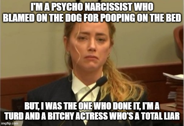 Amber Heard the turd of Hollywood |  I'M A PSYCHO NARCISSIST WHO BLAMED ON THE DOG FOR POOPING ON THE BED; BUT, I WAS THE ONE WHO DONE IT, I'M A TURD AND A BITCHY ACTRESS WHO'S A TOTAL LIAR | image tagged in amber turd | made w/ Imgflip meme maker
