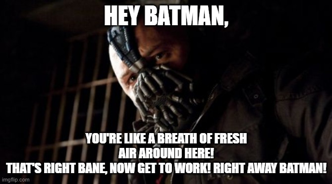 Bane....Get to work! | HEY BATMAN, YOU'RE LIKE A BREATH OF FRESH AIR AROUND HERE!
THAT'S RIGHT BANE, NOW GET TO WORK! RIGHT AWAY BATMAN! | image tagged in permission bane,get to work bane,air filter,need a breath of fresh air,count on batman | made w/ Imgflip meme maker