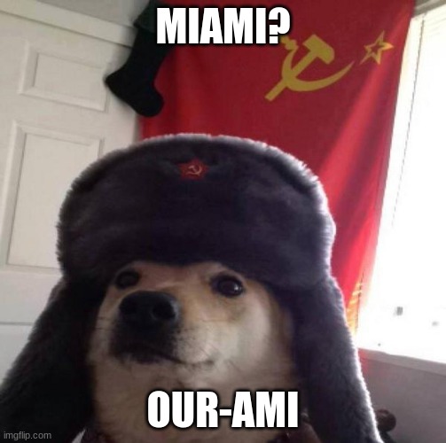 Russian Doge |  MIAMI? OUR-AMI | image tagged in russian doge | made w/ Imgflip meme maker
