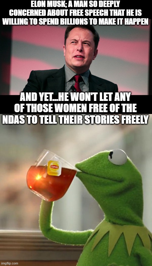 ELON MUSK; A MAN SO DEEPLY CONCERNED ABOUT FREE SPEECH THAT HE IS WILLING TO SPEND BILLIONS TO MAKE IT HAPPEN; AND YET...HE WON'T LET ANY OF THOSE WOMEN FREE OF THE NDAS TO TELL THEIR STORIES FREELY | image tagged in elon musk,memes,but that's none of my business | made w/ Imgflip meme maker