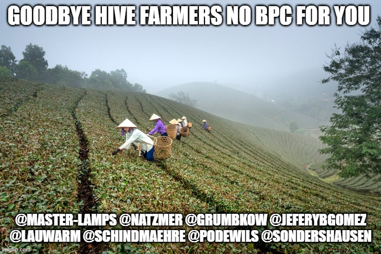 GOODBYE HIVE FARMERS NO BPC FOR YOU; @MASTER-LAMPS @NATZMER @GRUMBKOW @JEFERYBGOMEZ @LAUWARM @SCHINDMAEHRE @PODEWILS @SONDERSHAUSEN | made w/ Imgflip meme maker