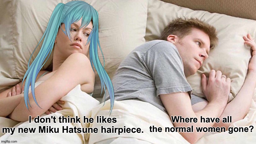 Miku Hatsune Hair | Where have all the normal women gone? I don't think he likes my new Miku Hatsune hairpiece. | image tagged in memes,i bet he's thinking about other women | made w/ Imgflip meme maker